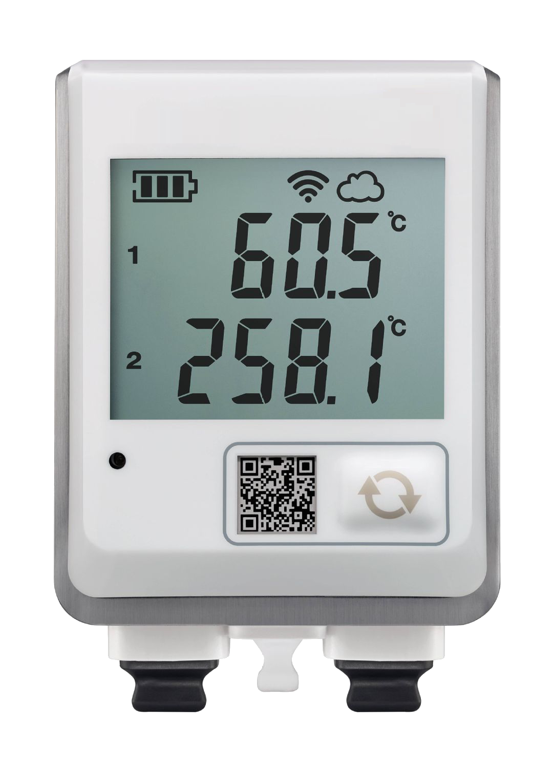 Wireless temperature and humidity data logger showing two channel readings